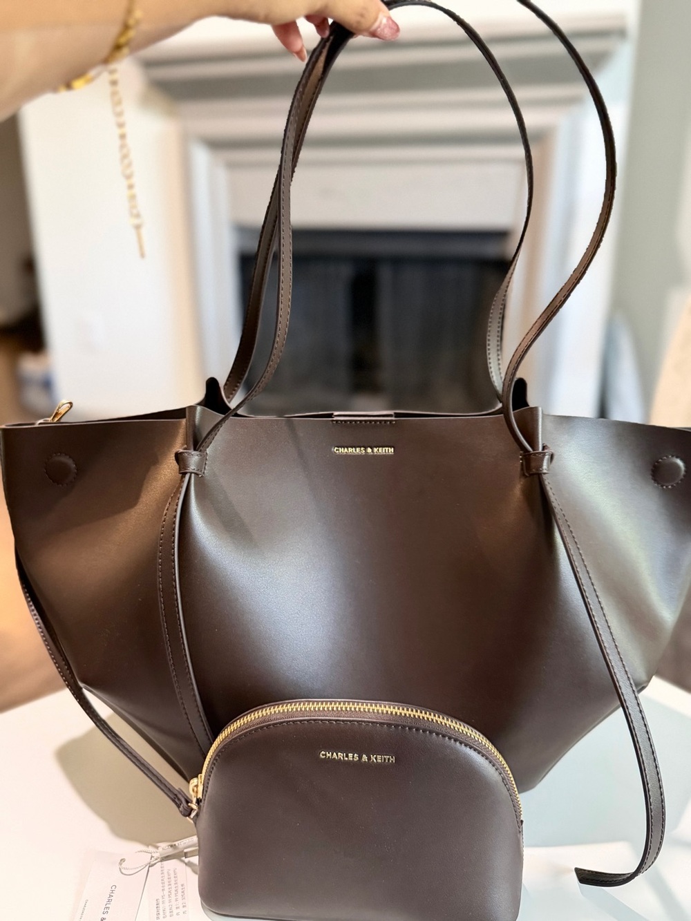 Charles & Keith XL Calla Tote Bag Like New Espresso Brown + Pouch